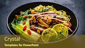  Presentation with soy sauce - Theme consisting of asian-food-chow-mein-noodles background and a tawny brown colored foreground