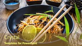  Presentation with asian food - Slides having asian-food-konjac-noodles-stir background and a tawny brown colored foreground