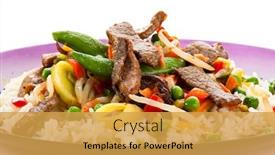  Presentation with meat food - Presentation theme featuring asian food - roast meat with vegetables and rice background and a yellow colored foreground