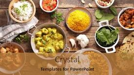  Presentation with asian food - Colorful presentation design enhanced with asian-food-selection-top-view backdrop and a gold colored foreground