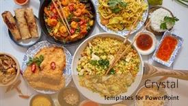  Presentation with asian food - Slide set enhanced with asian-food-served-plates-pans background and a gold colored foreground