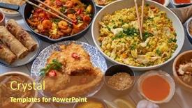  Presentation with oriental food - Cool new PPT theme with asian-food-served-plates-pans backdrop and a tawny brown colored foreground