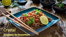  Presentation with asian food - PPT theme enhanced with asian-food-soba-noodles-stir background and a tawny brown colored foreground