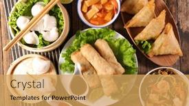  Presentation with chinese food - Colorful presentation enhanced with asian-food-with-spring-roll backdrop and a yellow colored foreground