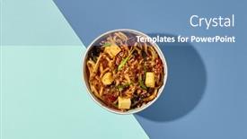  Presentation with white cheese - Presentation design consisting of asian-fried-noodles-with-tofu background and a teal colored foreground