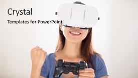  Presentation with video game - Slide set consisting of emulation - woman play with video game background and a sky blue colored foreground