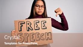  Presentation with free speech - Colorful presentation theme enhanced with asian-girl-asking-for-rights backdrop and a coral colored foreground