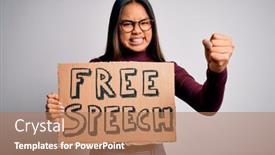  Presentation with free speech - Amazing PPT theme having asian-girl-asking-for-rights backdrop and a coral colored foreground
