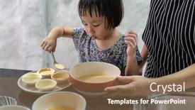  Presentation with asian food - Presentation theme having asian-girl-cooking-egg-tart background and a coral colored foreground