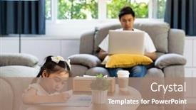  Presentation with living room - Beautiful PPT theme featuring asian-girl-drawing-in-living backdrop and a coral colored foreground