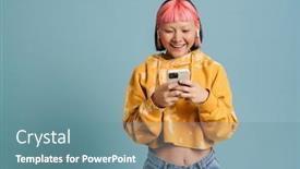  Presentation with asian - Slide deck with asian-girl-in-earphones-smiling background and a seafoam green colored foreground