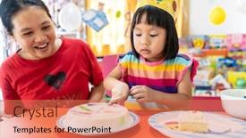  Presentation with birthday cake - Slide set having asian-girl-kid-cutting background and a coral colored foreground