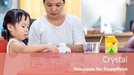  Presentation with home schooling - Slide set consisting of asian-girl-kid-playing-toy background and a coral colored foreground