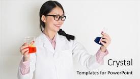 Presentation with microbiology - PPT theme featuring asian girl microbiology student doing liquid sample test analysis on plain background background and a white colored foreground