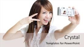  Presentation with little asian girl receiving vaccination - Theme having asian girl self photographing isolated background and a mint green colored foreground