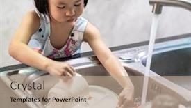  Presentation with tableware - Audience pleasing PPT theme consisting of asian-girl-washing-her-dish backdrop and a coral colored foreground