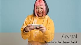  Presentation with pink blue - Slide deck featuring asian-girl-with-pink-hair background and a  colored foreground