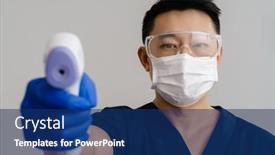  Presentation with face mask - Slide set featuring asian-health-worker-in-face background and a navy blue colored foreground