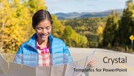  Presentation with asian map - Slides having asian hiker woman on adventure nature travel looking at map directions against autumn landscape during road trip happy tourist searching her way on car driving holidays in forest outdoors background and a soft green colored foreground