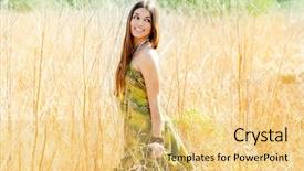  Presentation with golden woman - Audience pleasing presentation theme consisting of businesswomans hand writing with fountain pen against letters backdrop and a white colored foreground