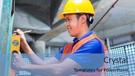  Presentation with craftsman - Beautiful slides featuring asian indonesian builder or craftsman with hardhat and bubble level controlling or checking a wall of a tower building or construction site backdrop and a teal colored foreground