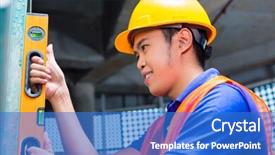  Presentation with craftsman - Slide set featuring asian indonesian builder or craftsman with hardhat and bubble level controlling or checking a wall of a tower building or construction site background and a teal colored foreground