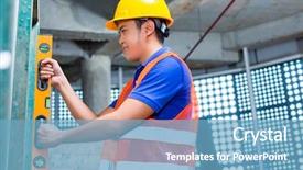  Presentation with building construction - Cool new slide deck with asian indonesian builder or craftsman with hardhat and bubble level controlling or checking a wall of a tower building or construction site backdrop and a teal colored foreground