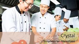  Presentation with hotel kitchen - Audience pleasing slide set consisting of asian indonesian chef along backdrop and a coral colored foreground