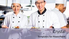  Presentation with hotel kitchen - Presentation theme featuring asian indonesian chef along background and a light blue colored foreground