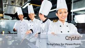  Presentation with hotel kitchen - Colorful PPT layouts enhanced with asian indonesian chefs along backdrop and a light blue colored foreground