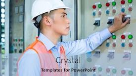  Presentation with acceptance - Presentation design consisting of asian-indonesian-technician-or-electrician background and a light blue colored foreground