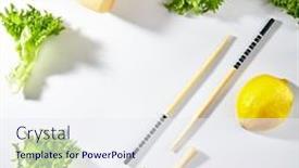  Presentation with asian chopsticks - Slide deck having asian-lettuce-leaves-with-wooden background and a sky blue colored foreground