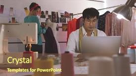  Presentation with design fashion - Presentation theme featuring asian male fashion designer working background and a tawny brown colored foreground