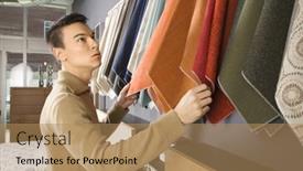  Presentation with retail store - Audience pleasing slides consisting of asian-male-looking-at-fabric backdrop and a coral colored foreground