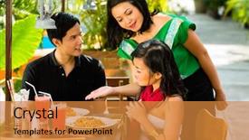  Presentation with man joined woman - Colorful PPT theme enhanced with man and woman in restaurant backdrop and a coral colored foreground