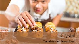  Presentation with baking cake - PPT theme having asian man baking homemade cup background and a coral colored foreground