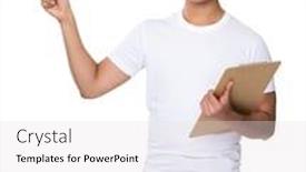  Presentation with finger point - Slides enhanced with asian man hold with clipboard and finger point up background and a light gray colored foreground