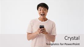  Presentation with asian nurse helps a man - Slide deck with asian man holding mobile phone background and a soft green colored foreground