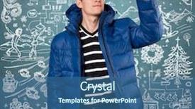  Presentation with winter blue - Colorful theme enhanced with asian man in blue down-padded coat with winter fun sketch background backdrop and a ocean colored foreground