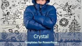  Presentation with winter blue - Audience pleasing PPT theme consisting of asian man in blue down-padded coat with winter fun sketch background backdrop and a ocean colored foreground