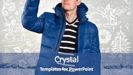  Presentation with winter blue - Slides featuring asian man in blue down-padded coat with winter fun sketch background background and a ocean colored foreground