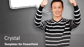  Presentation with bubble - Slide set enhanced with asian man in striped with speech bubble background and a dark gray colored foreground