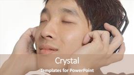  Presentation with asian music - Slide deck consisting of asian man listening to music with cheerful face isolated on white background background and a coral colored foreground