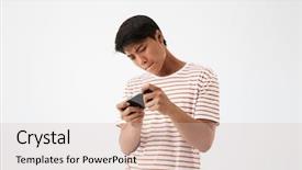  Presentation with asian - Beautiful theme featuring asian man playing on mobile backdrop and a soft green colored foreground