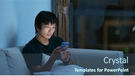  Presentation with mobile use - Colorful presentation design enhanced with asian-man-use-of-mobile backdrop and a ocean colored foreground