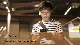  Presentation with mobile use - Audience pleasing theme consisting of asian man use of mobile backdrop and a  colored foreground