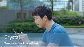  Presentation with sms - PPT theme consisting of asian man using cellphone to send sms background and a teal colored foreground