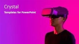  Presentation with interface - Presentation theme featuring asian-man-using-vr-headset background and a purple colored foreground