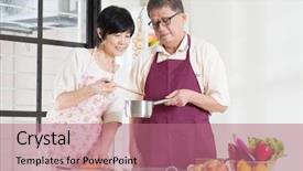  Presentation with asian culture and food - Audience pleasing presentation theme consisting of asian mature couple cooking food backdrop and a coral colored foreground