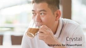  Presentation with milk tea - Cool new presentation with asian mature man drinking milk tea at cafe outdoor lifestyle with natural light backdrop and a coral colored foreground